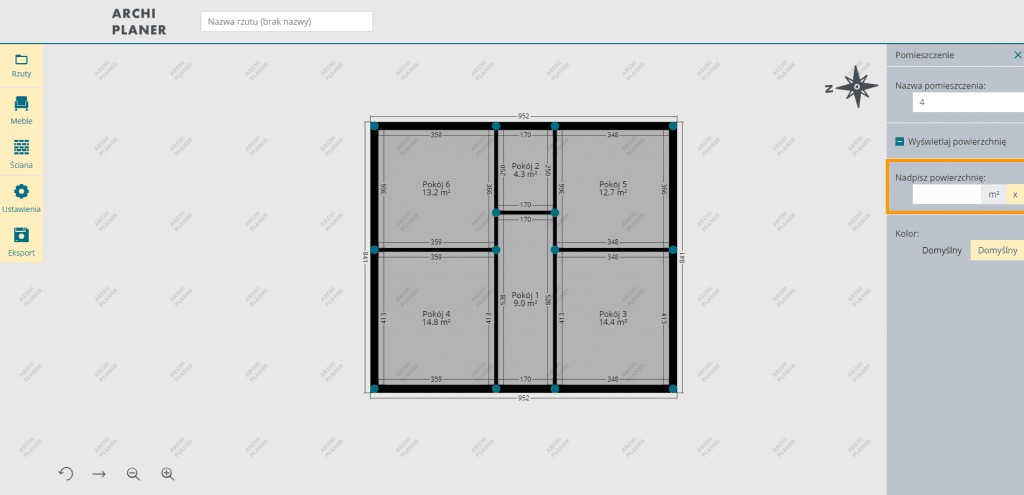 nadpisujemy powierzchnię pomieszczenia na planie mieszkania