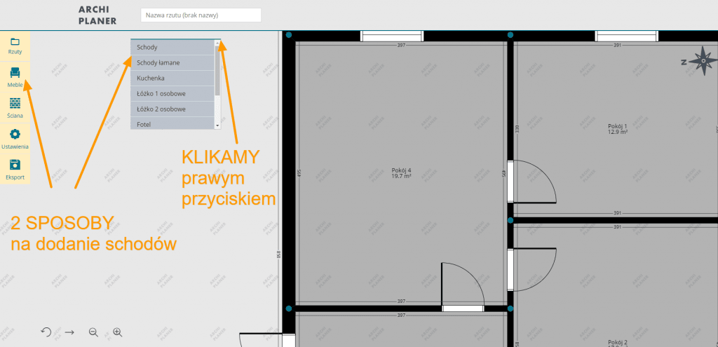dwa sposoby dodania schodów w programie do rzutów