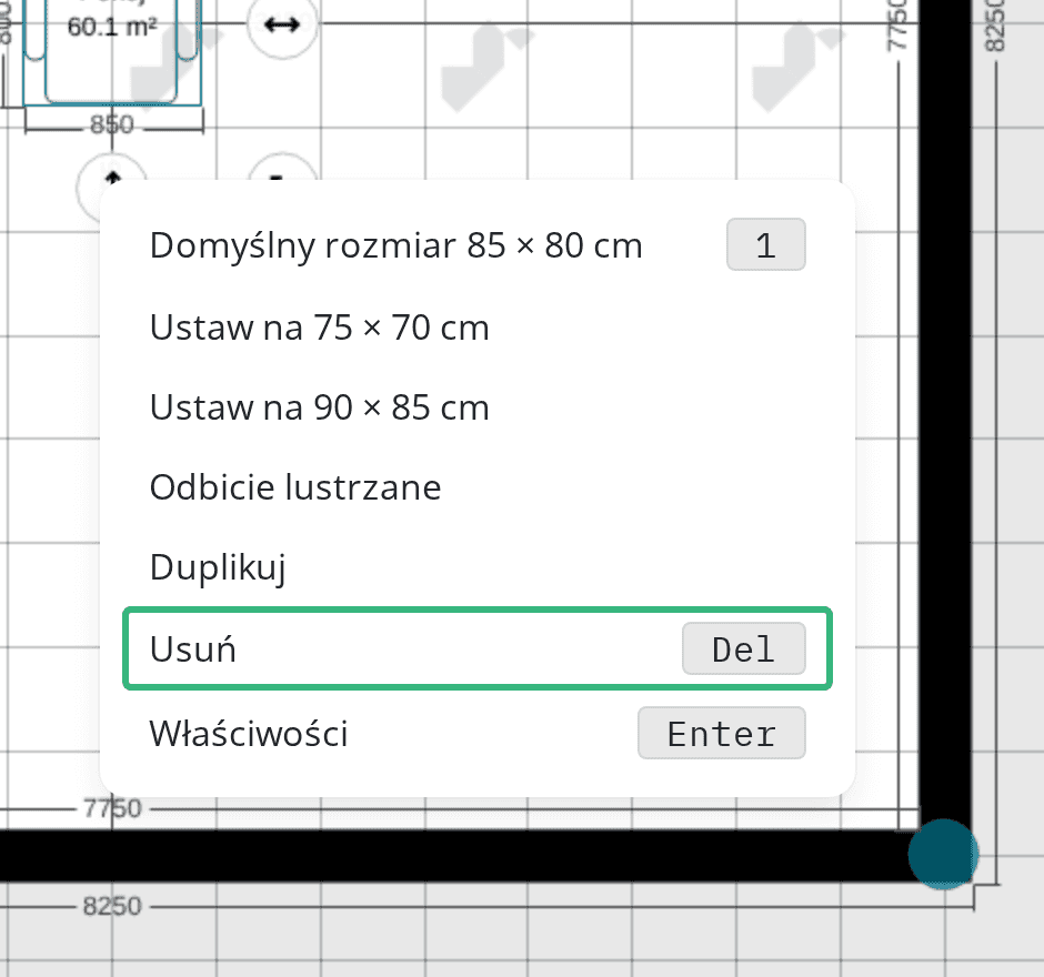 Menu kontekstowe mebla z opcją Usuń