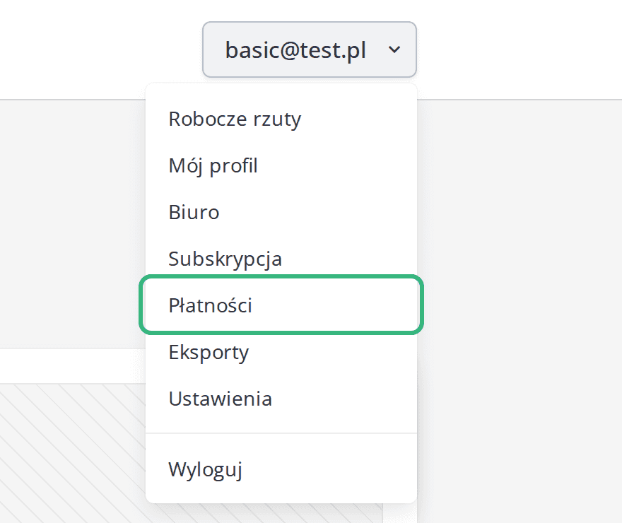 Menu pod adresem e-mail z pozycją Płatności