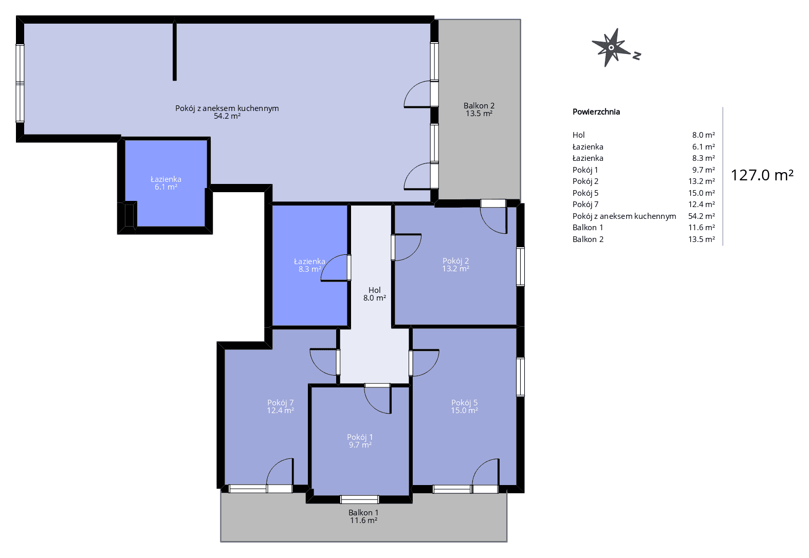 Rzut mieszkania 5-pokojowego 127 m² z wymiarami