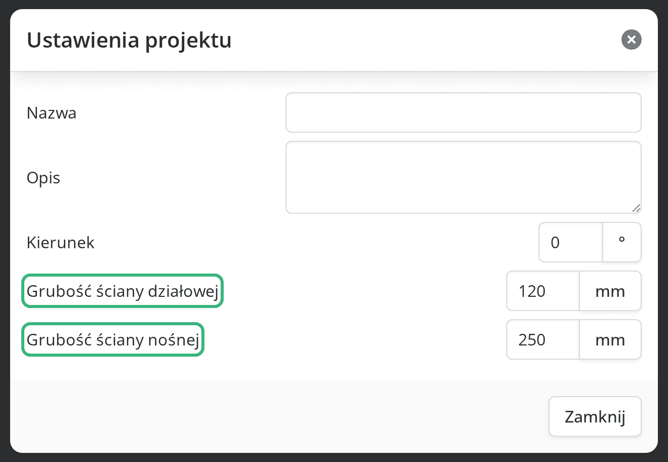 Pola grubości ścian w oknie Ustawienia projektu
