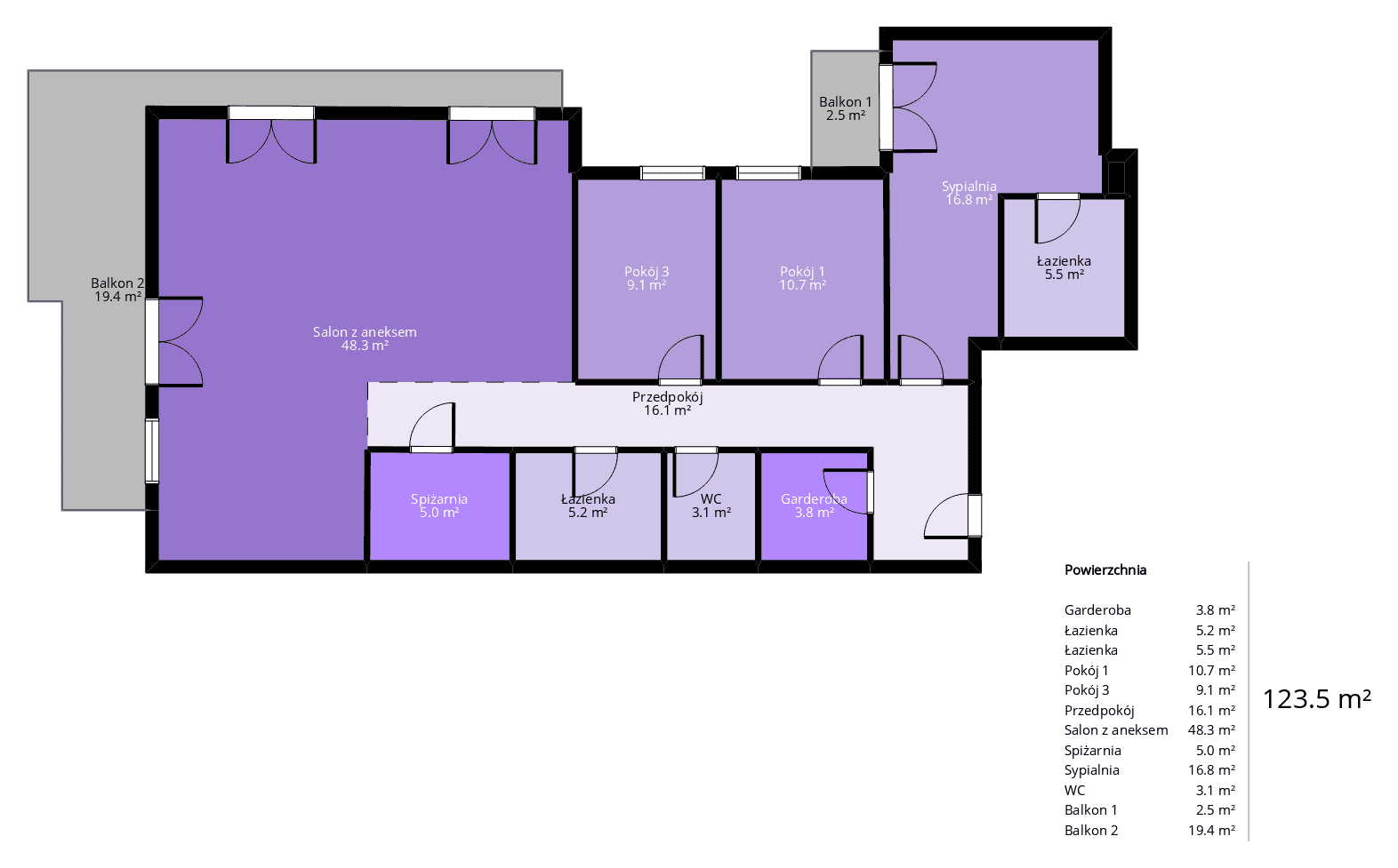 Rzut mieszkania 5-pokojowego 123 m² z wymiarami