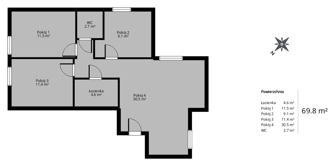 Rzut mieszkania 4-pokojowego 69 m² z wymiarami