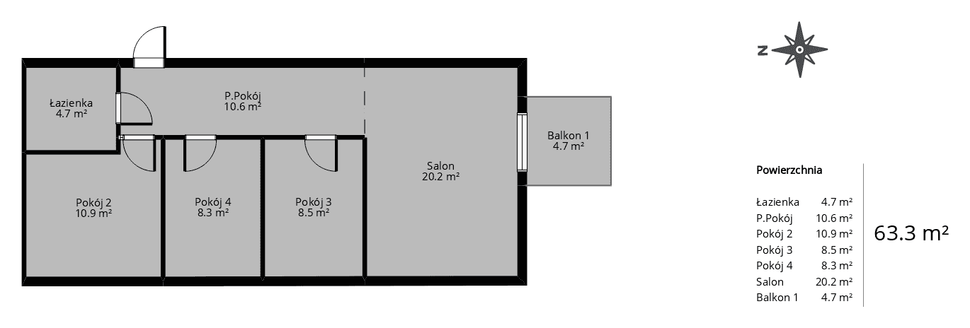Rzut mieszkania 4-pokojowego 63 m² z wymiarami