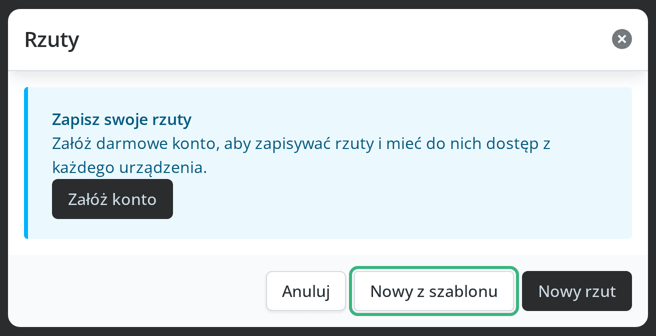 Okno Rzuty z przyciskiem Nowy z szablonu