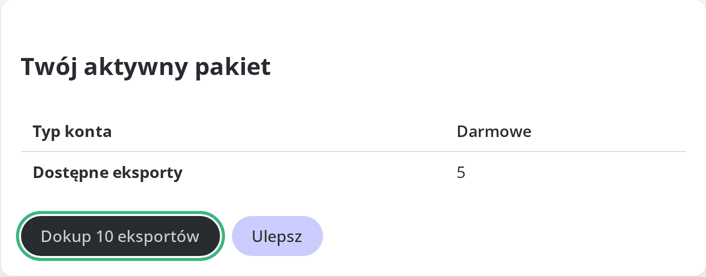 Sekcja Twój aktywny plan z przyciskiem Dokup 10 eksportów
