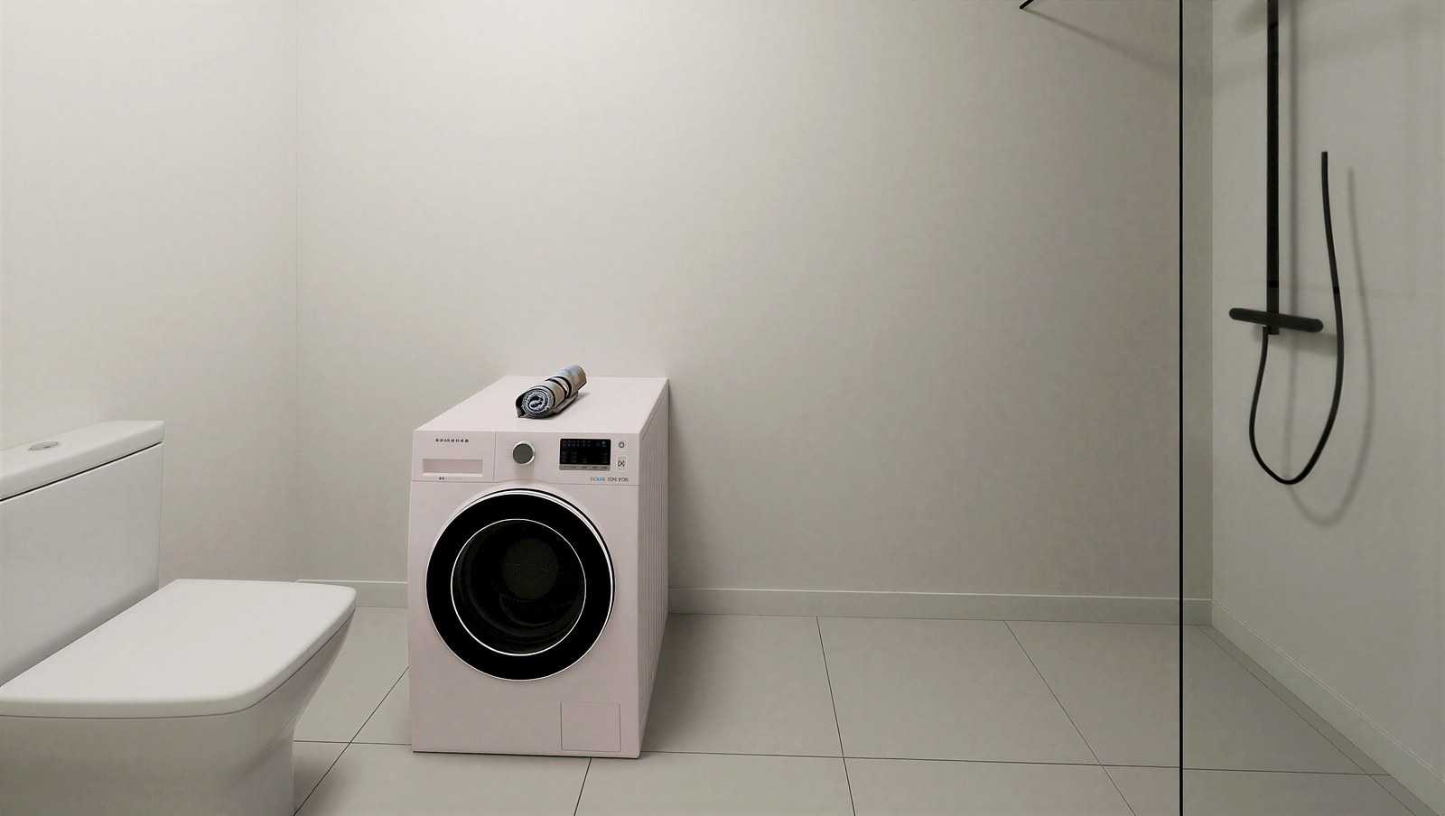 Wizualizacja łazienki 6 m² z dużym prysznicem widzianej od drzwi