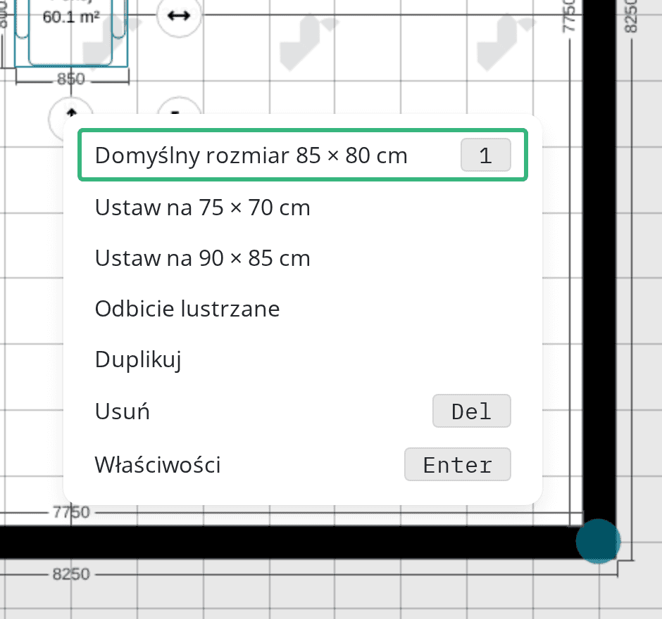 Menu z opcją Domyślny rozmiar