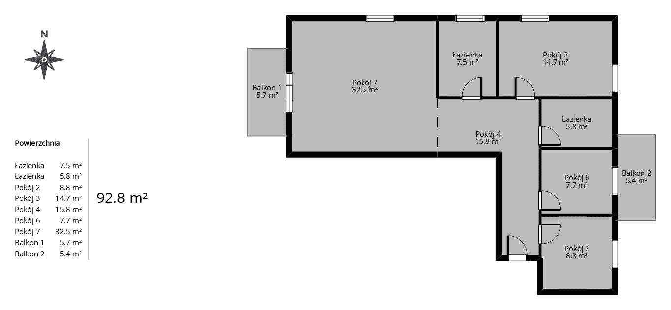Rzut mieszkania 4-pokojowego 93 m² z wymiarami