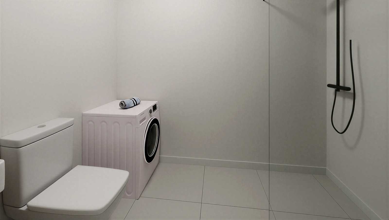 Wizualizacja łazienki 5 m² z prysznicem walk-in widzianej od drzwi
