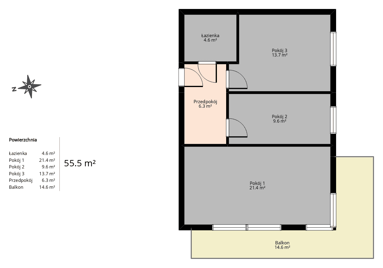 Rzut mieszkania 3-pokojowego 55 m² z wymiarami