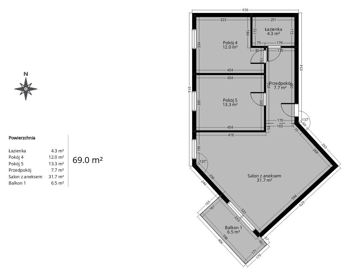 Rzut mieszkania 3-pokojowego 69 m² z wymiarami