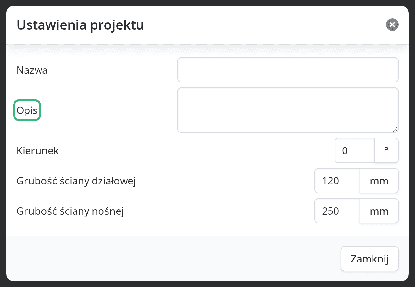 Pole Opis w oknie Ustawienia projektu