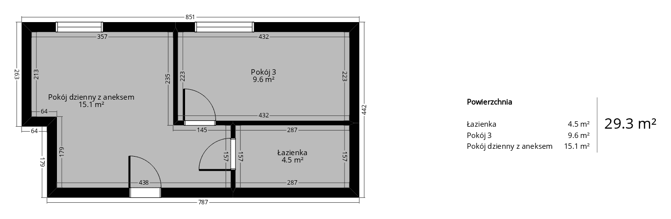 Rzut mieszkania 2-pokojowego 29 m² z wymiarami