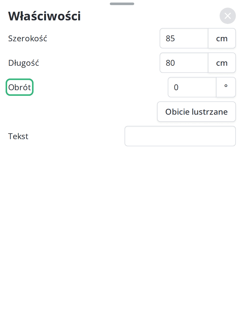 Okno właściwości z polem Obrót