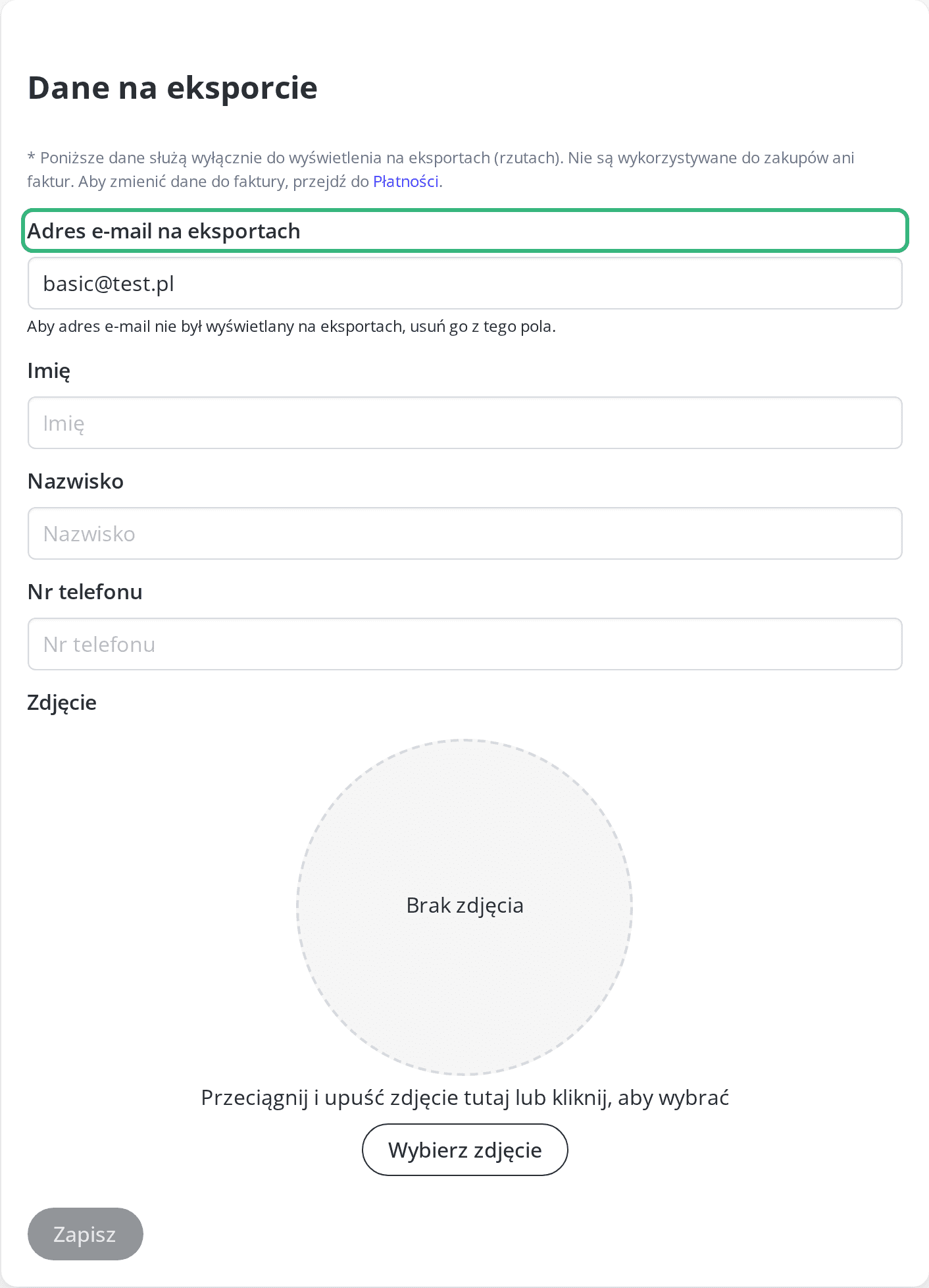 Pole Adres e-mail na eksportach