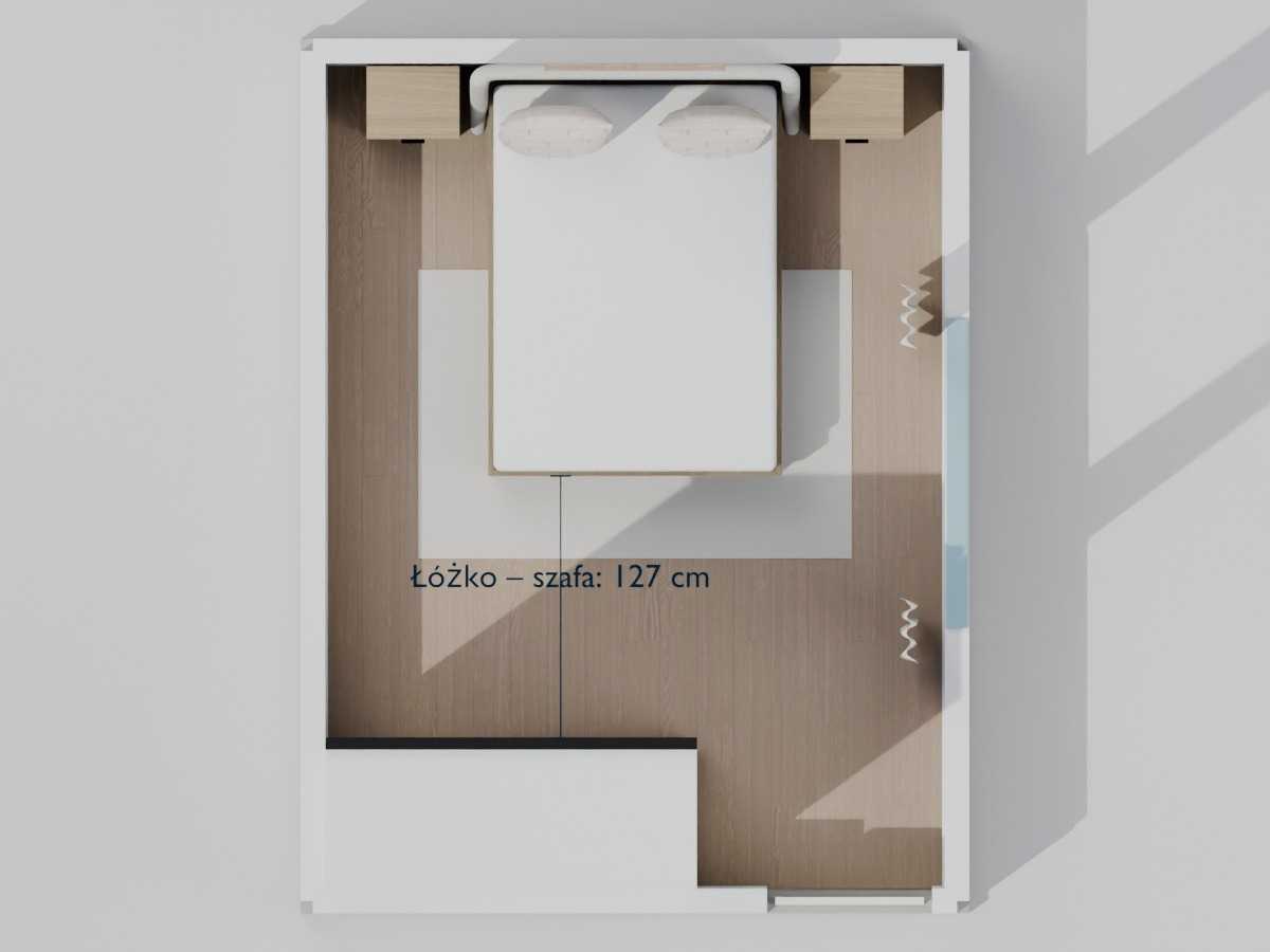 Widok z góry sypialni 12 m² z zaznaczoną odległością 127 cm między łóżkiem a szafą