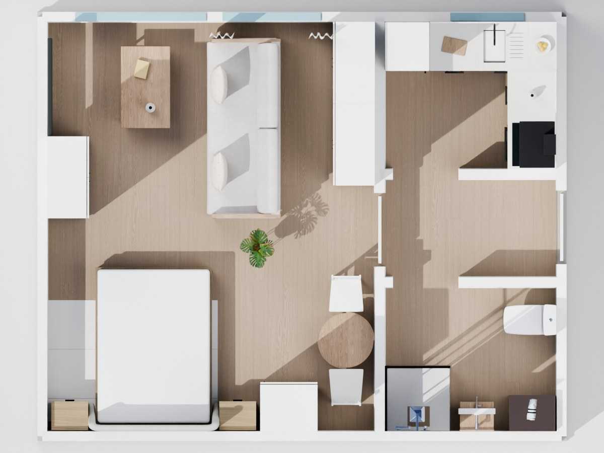 Widok 3D z góry kawalerki z wnęką sypialną