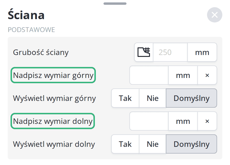 Pola Nadpisz wymiar w panelu Ściana