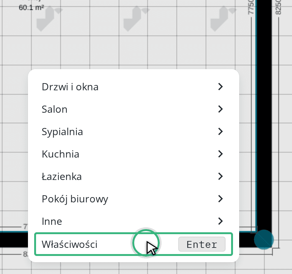 Menu pomieszczenia z opcją Właściwości