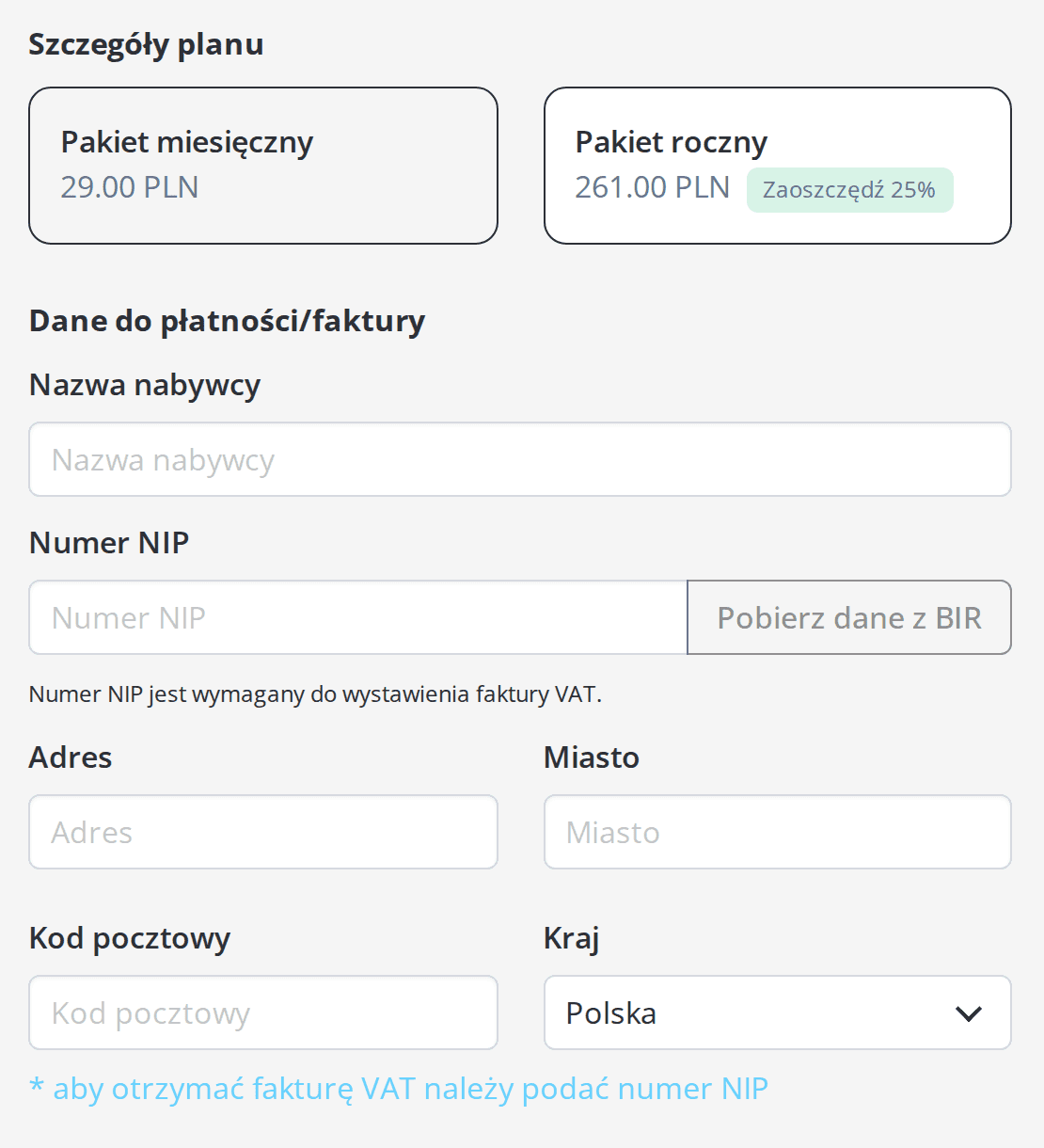 Wybór okresu i sekcja Dane do płatności/faktury