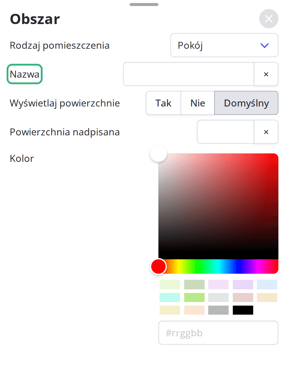 Panel Obszar z polem Nazwa