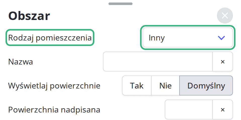 Pole Rodzaj pomieszczenia z wybranym rodzajem Inny