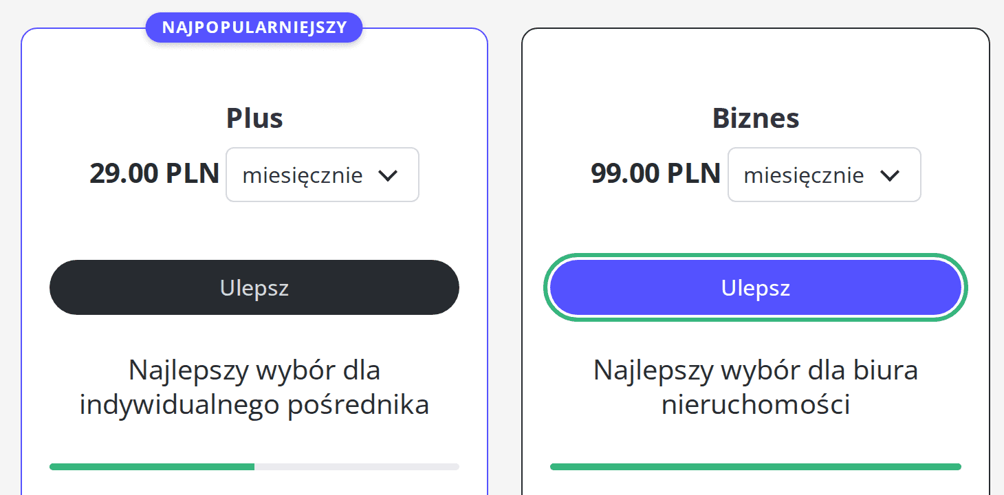 Karta planu Biznes z przyciskiem Ulepsz