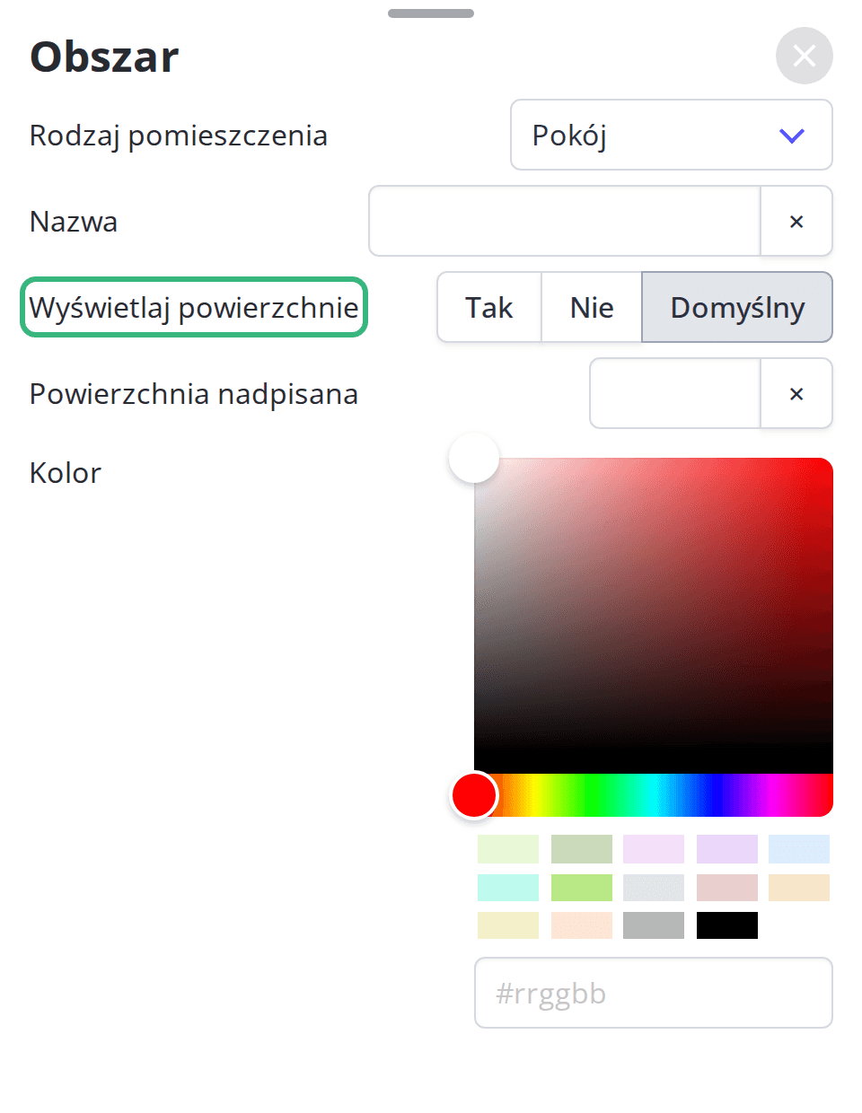 Opcja Wyświetlaj powierzchnie w panelu Obszar