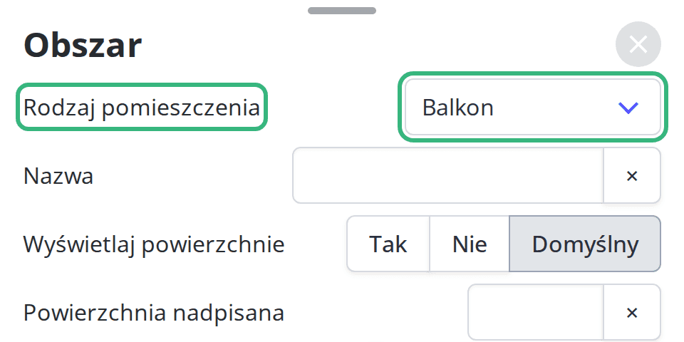 Pole Rodzaj pomieszczenia z wybranym Balkonem