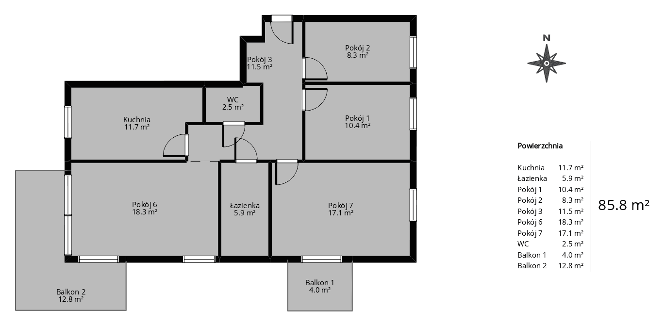 Rzut mieszkania 4-pokojowego 85 m² z wymiarami