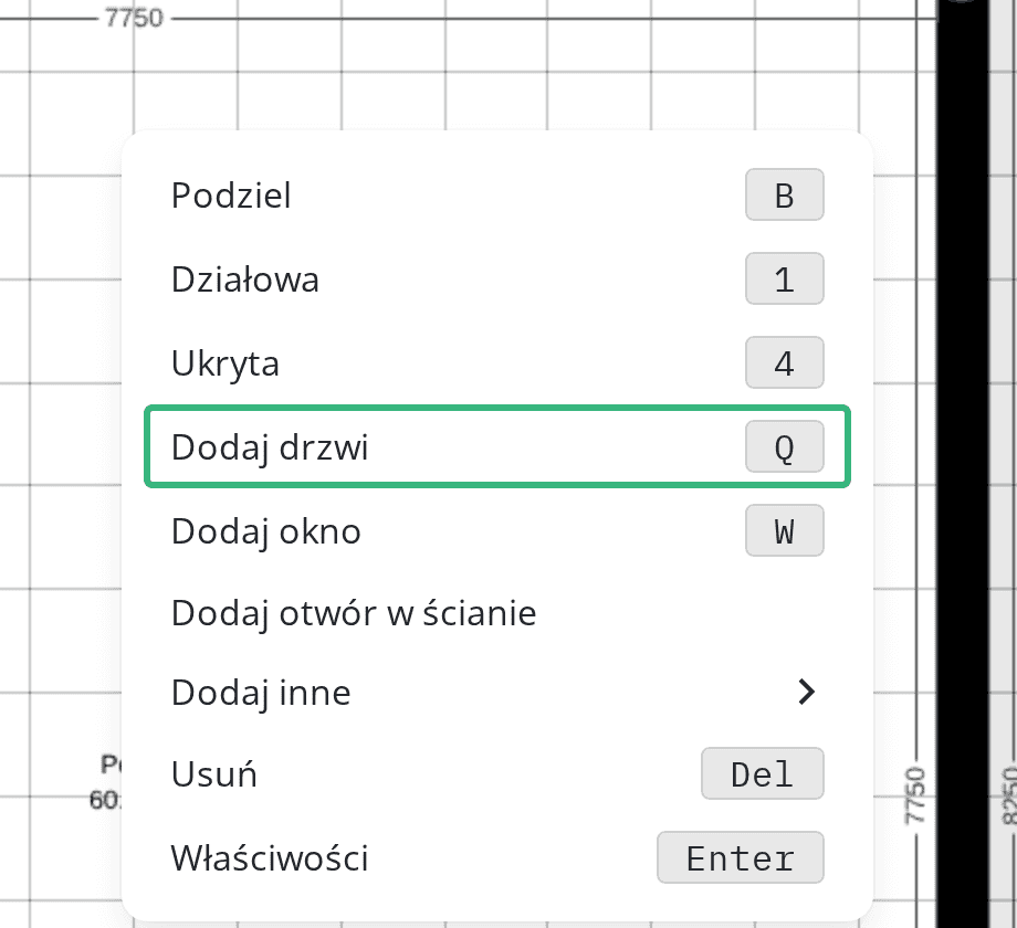 Menu ściany z opcją Dodaj drzwi