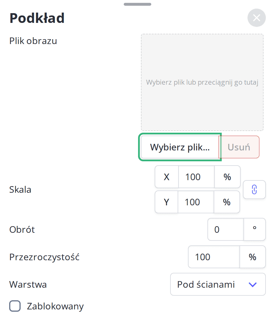 Panel Podkład z przyciskiem Wybierz plik