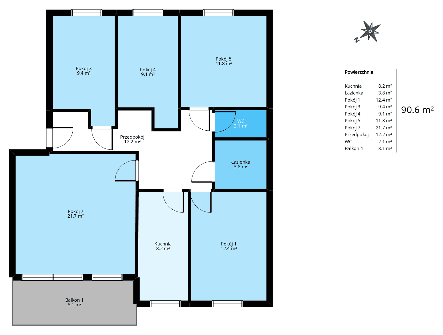 Rzut mieszkania 5-pokojowego 90 m² z wymiarami