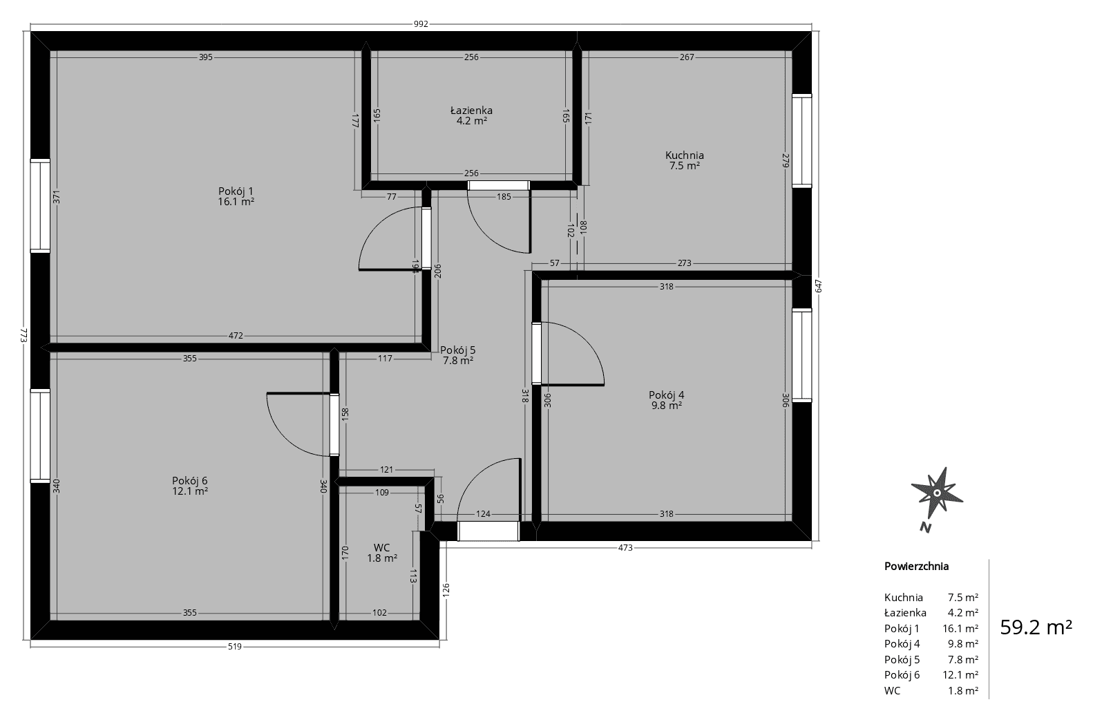 Rzut mieszkania 3-pokojowego 59 m² z wymiarami