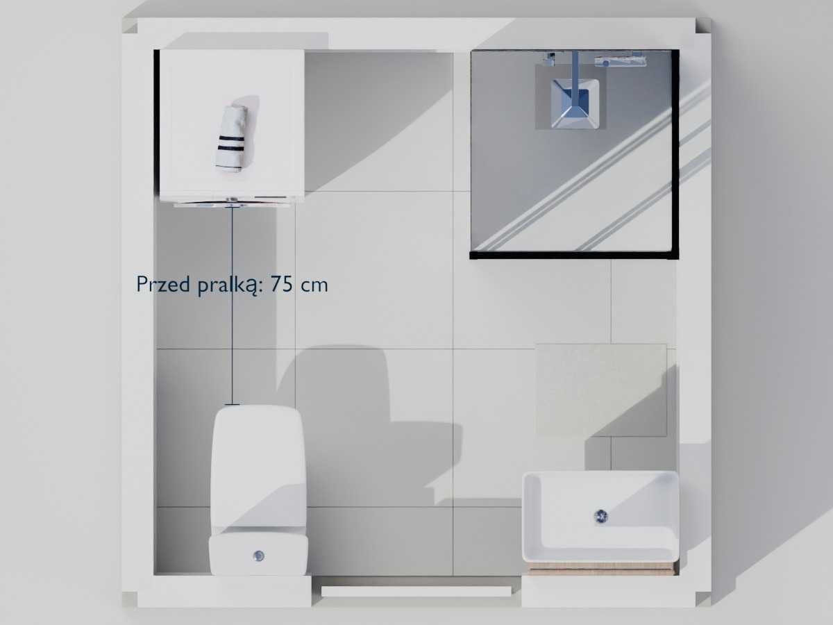 Widok z góry łazienki 4 m² z zaznaczonym miejscem 75 cm przed pralką