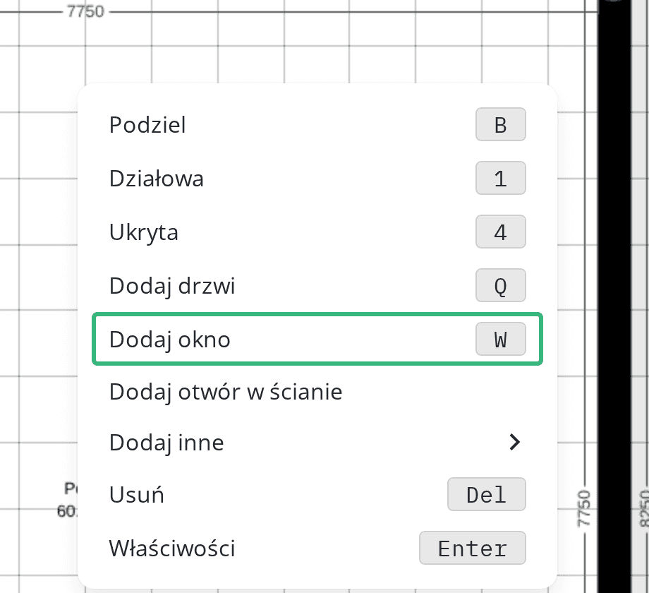 Menu ściany z opcją Dodaj okno