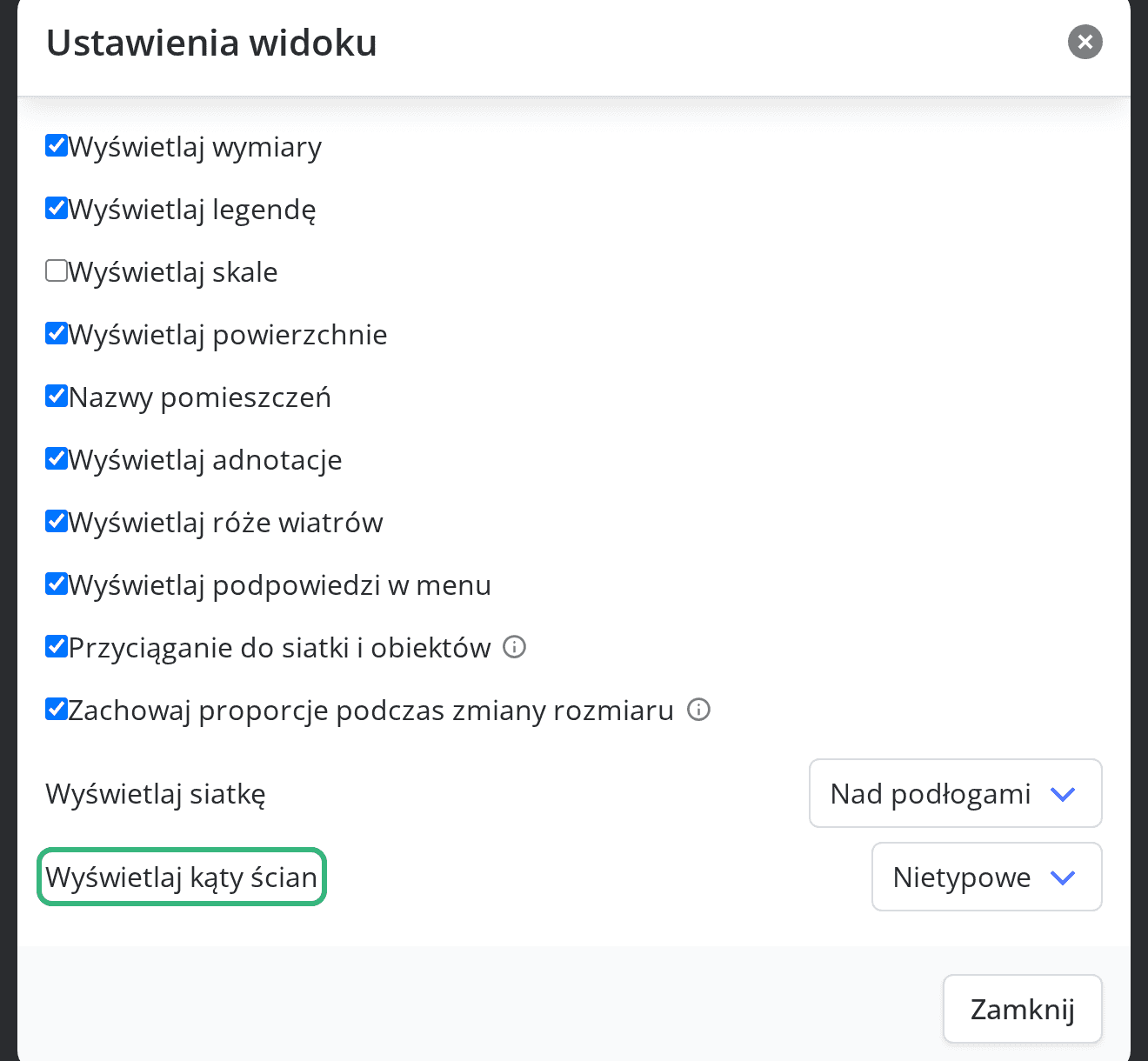 Lista Wyświetlaj kąty ścian w oknie Ustawienia widoku