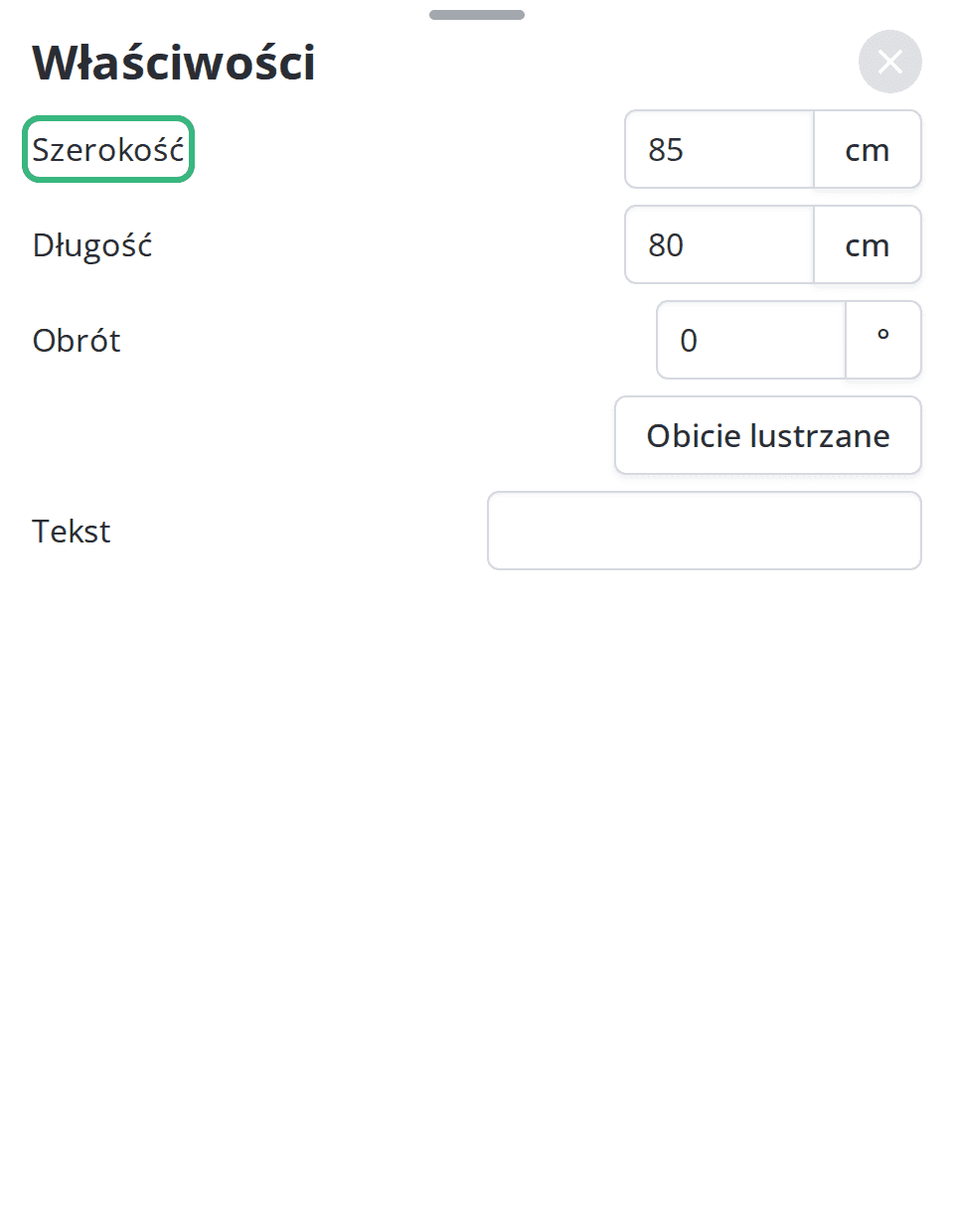 Okno właściwości z polami Szerokość i Długość