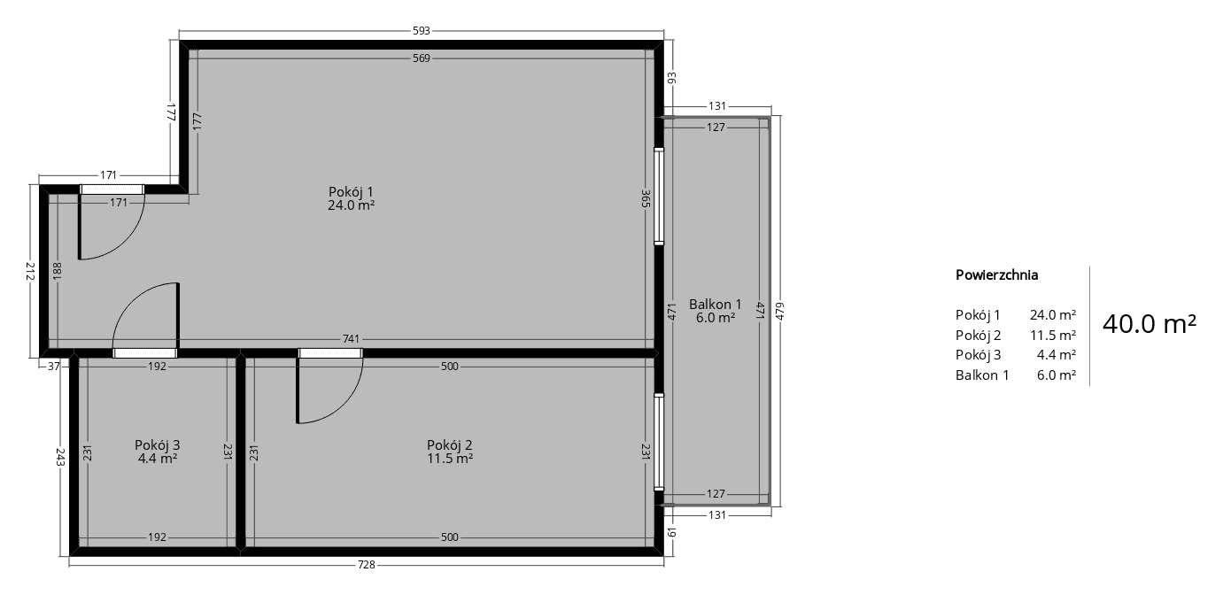 Rzut mieszkania 2-pokojowego 40 m² z balkonem i wymiarami