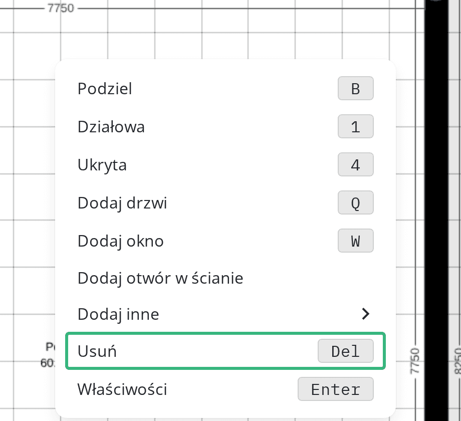Menu ściany z opcją Usuń
