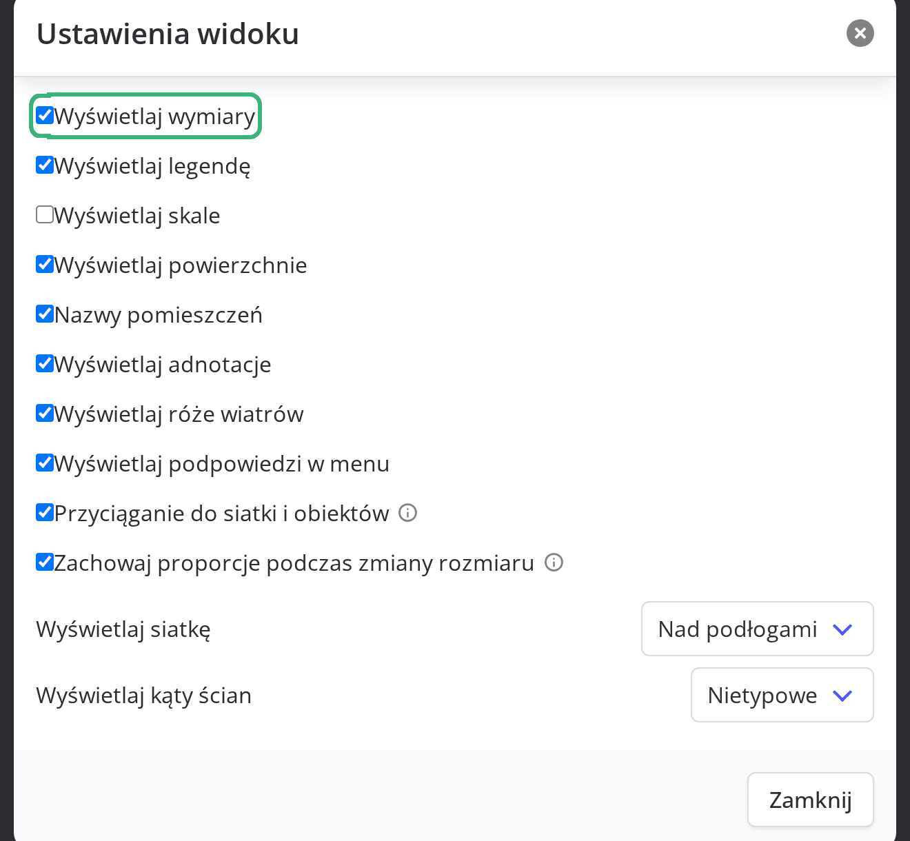 Pole Wyświetlaj wymiary