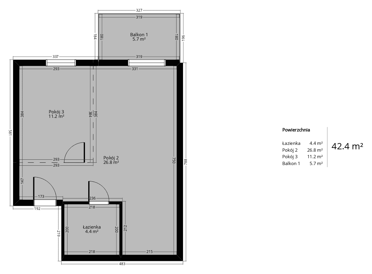 Rzut mieszkania 2-pokojowego 42 m² z wymiarami