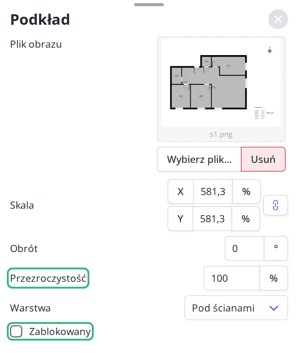 Panel Podkład z polami Przezroczystość i Zablokowany