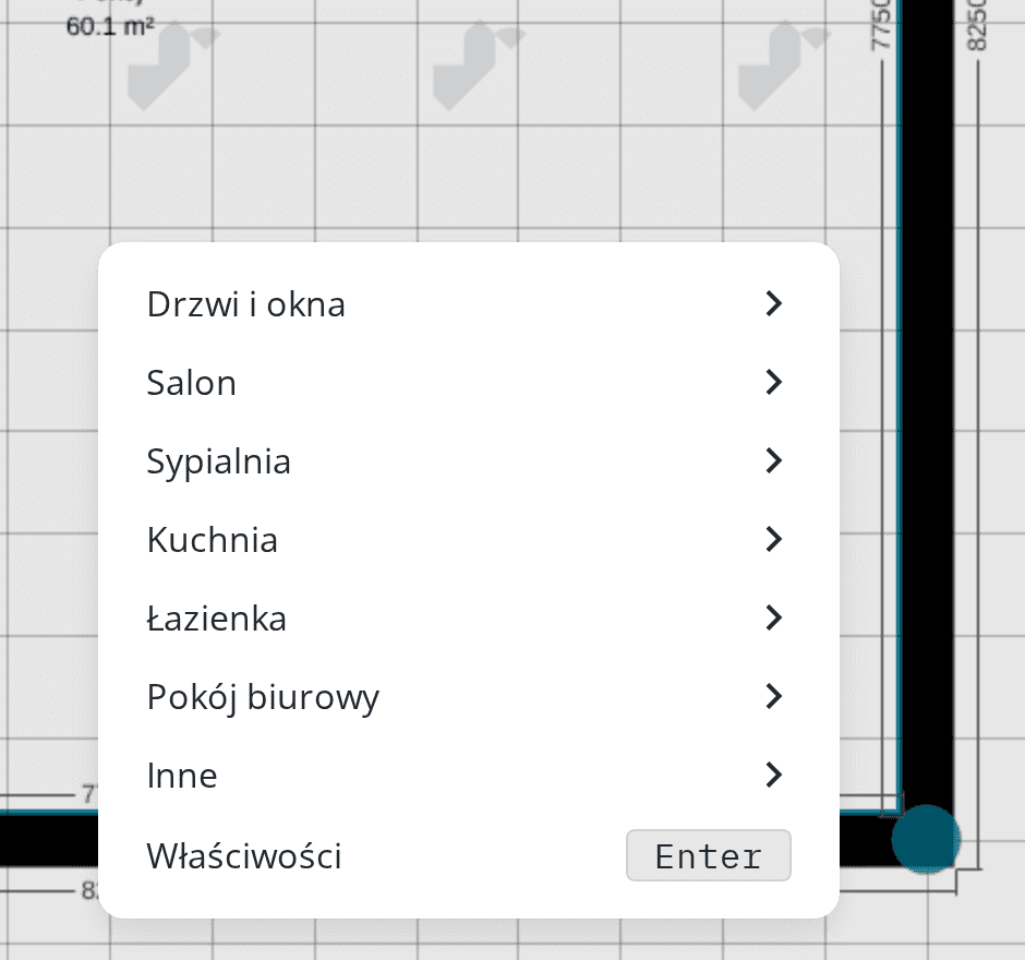 Menu kontekstowe z kategoriami mebli