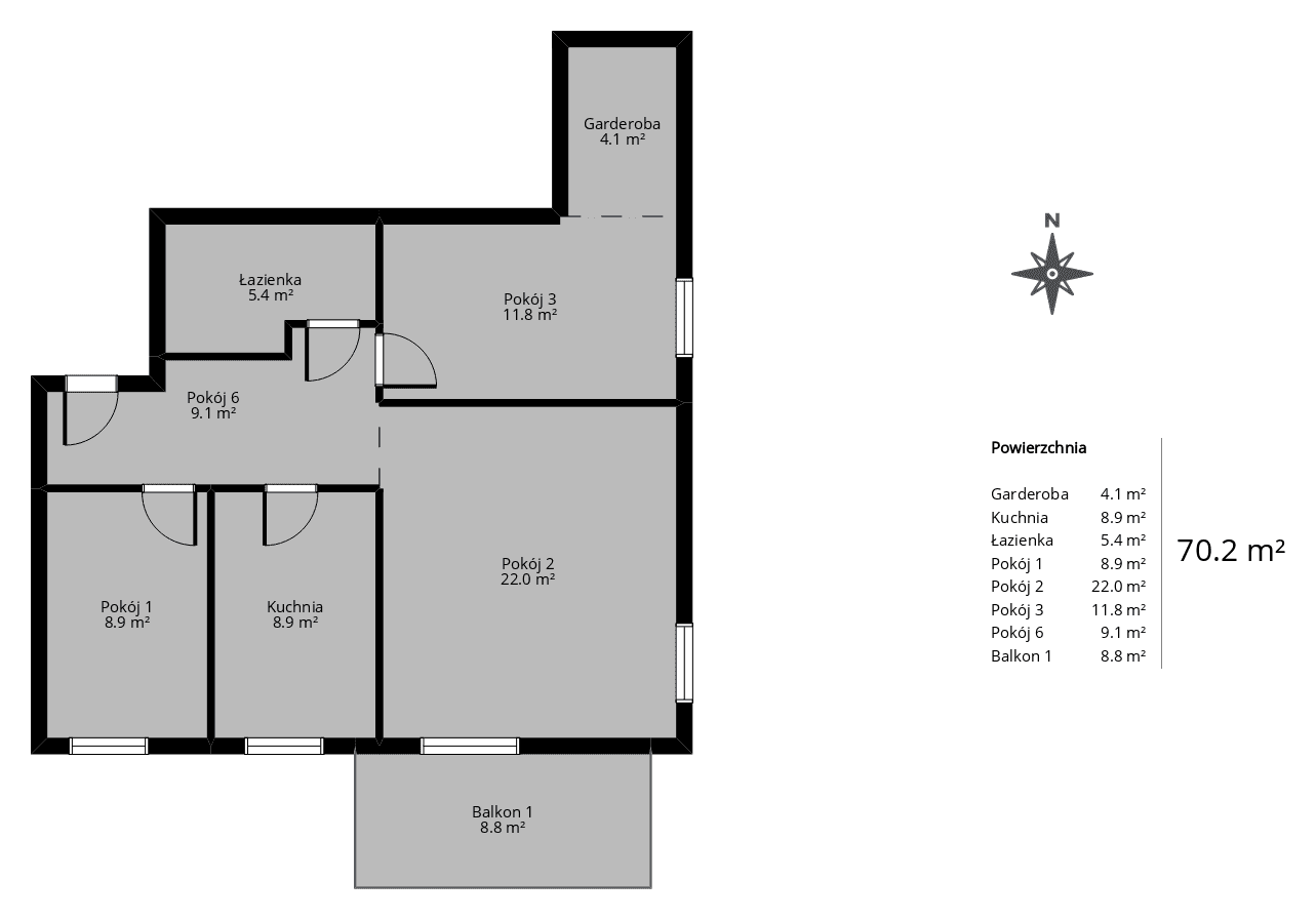Rzut mieszkania 3-pokojowego 70 m² z wymiarami