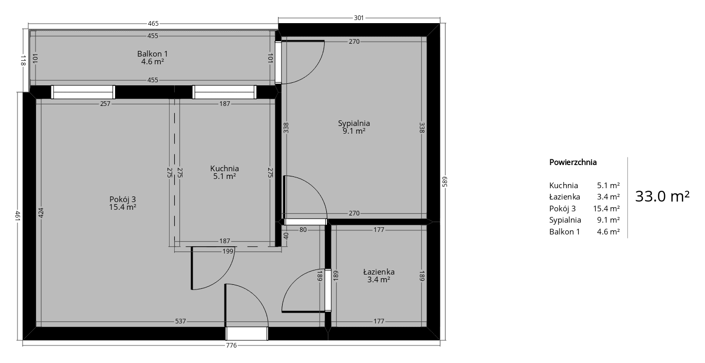 Rzut mieszkania 2-pokojowego 33 m² z wymiarami