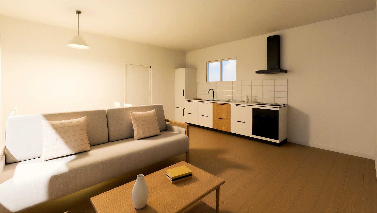 Wizualizacja salonu z aneksem 25 m²: kuchnia w jednym ciągu, kanapa tyłem do aneksu, stolik i stół jadalny