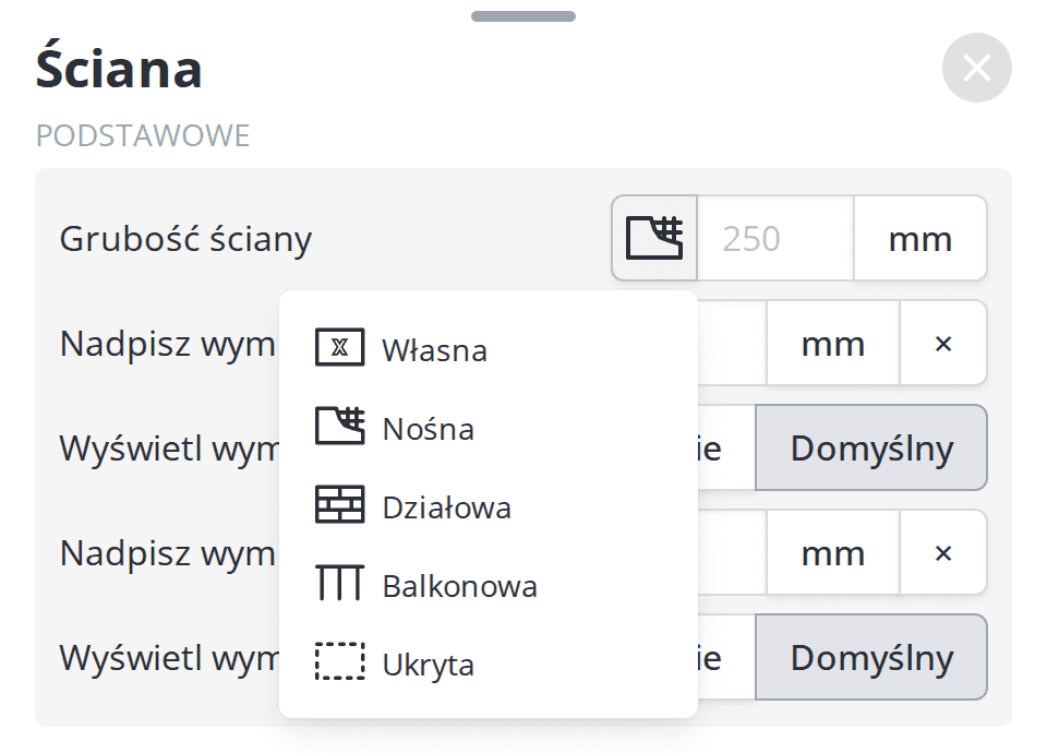 Rozwinięta lista typów przy polu Grubość ściany